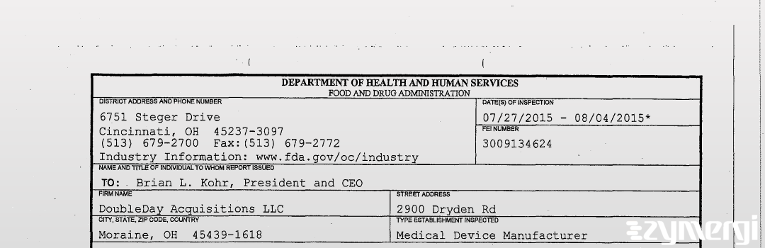 FDANews 483 DoubleDay Acquisitions LLC Aug 4 2015 top