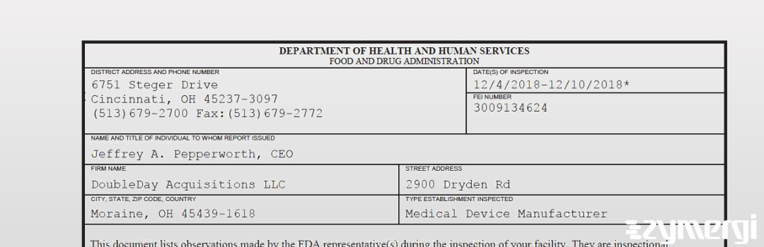 FDANews 483 DoubleDay Acquisitions LLC Dec 10 2018 top