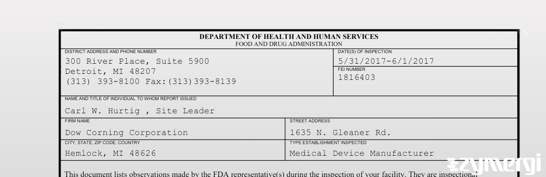 FDANews 483 Dow Corning Corporation Jun 1 2017 top