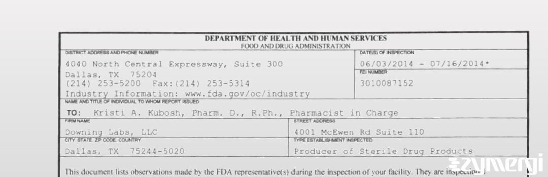 FDANews 483 Downing Labs, LLC Jul 16 2014 top