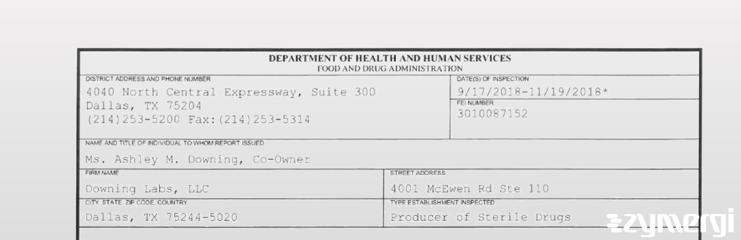 FDANews 483 Downing Labs, LLC Nov 19 2018 top