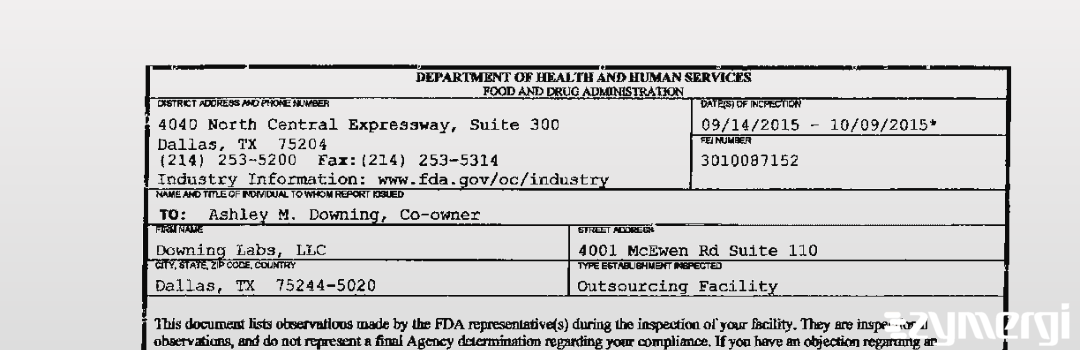 FDANews 483 Downing Labs, LLC Oct 9 2015 top