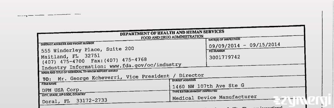 FDANews 483 DPM USA Corp. Sep 15 2014 top