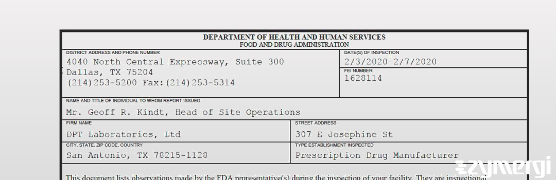 FDANews 483 DPT Laboratories Ltd Feb 7 2020 top