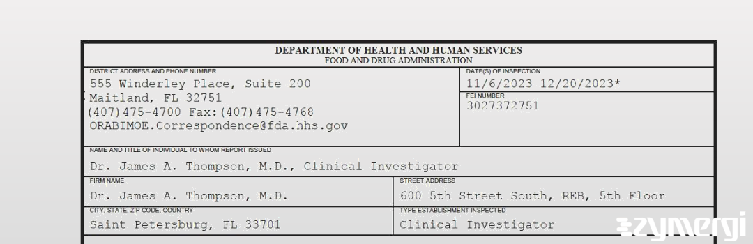 FDANews 483 Dr. James A. Thompson, M.D. Dec 20 2023 top