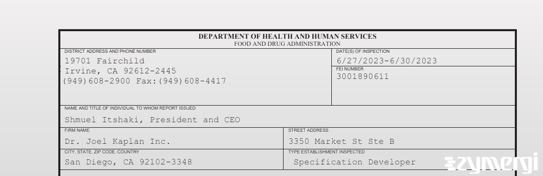 FDANews 483 Dr. Joel Kaplan Inc. Jun 30 2023 top