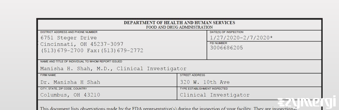 FDANews 483 Dr. Manisha H Shah Feb 7 2020 top