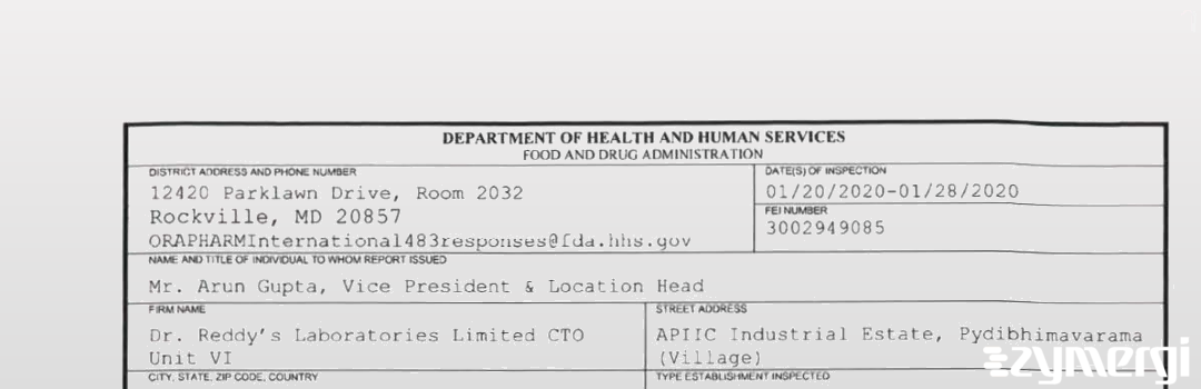 FDANews 483 Dr. Reddy's Laboratories Limited CTO VI Jan 28 2020 top