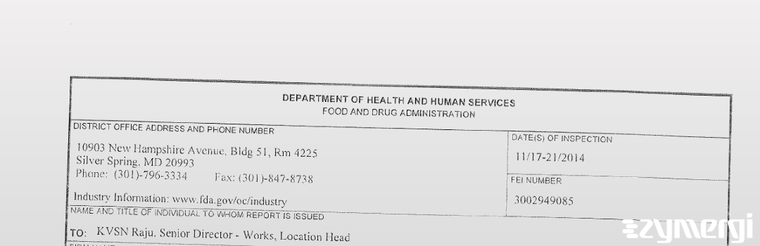 FDANews 483 Dr. Reddy's Laboratories Limited CTO VI Nov 21 2014 top