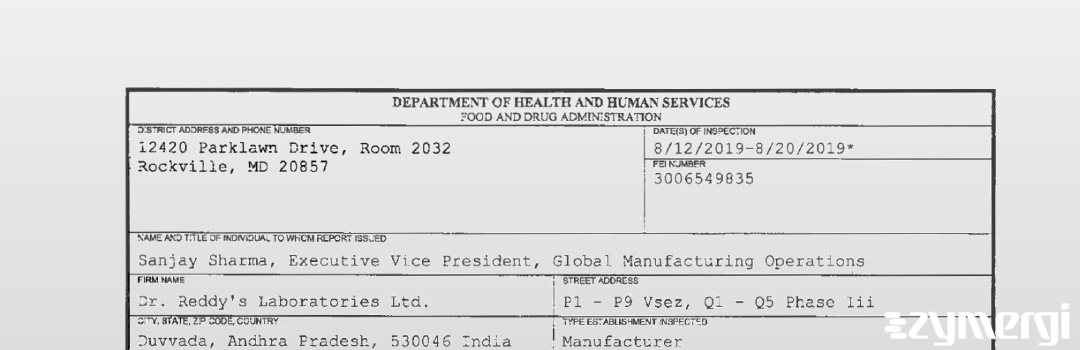 FDANews 483 Dr. Reddy's Laboratories Ltd. Aug 20 2019 top