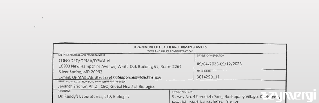 FDANews 483 Dr. Reddy's Laboratories Ltd. Sep 12 2025 top