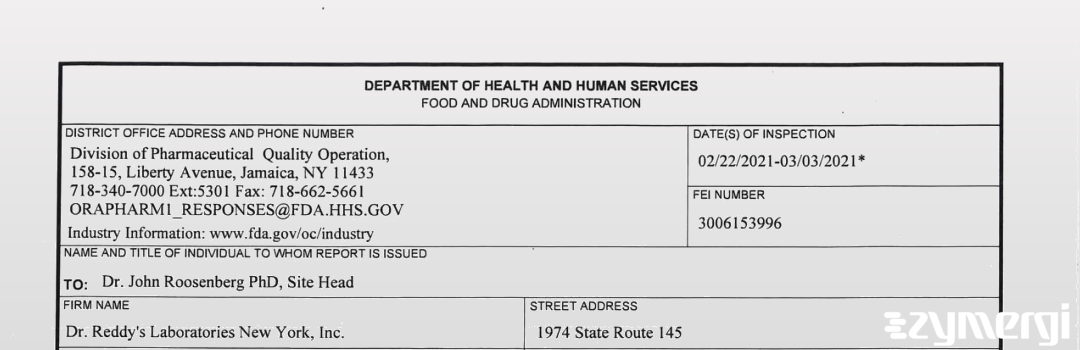 FDANews 483 Dr. Reddy's Laboratories New York, Inc. Mar 3 2021 top