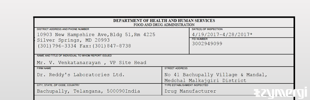 FDANews 483 Dr. Reddy's Laboratories Ltd. Apr 28 2017 top