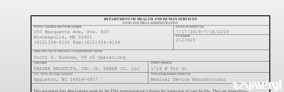 FDANews 483 DRAPER PRODUCTS, INC./R. SABEE CO. LLC Jul 18 2019 top