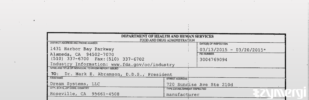 FDANews 483 Dream Systems, LLC Mar 20 2015 top