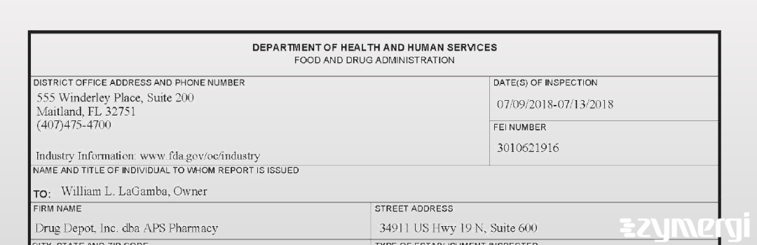 FDANews 483 Drug Depot, Inc., dba APS Pharmacy Jul 13 2018 top