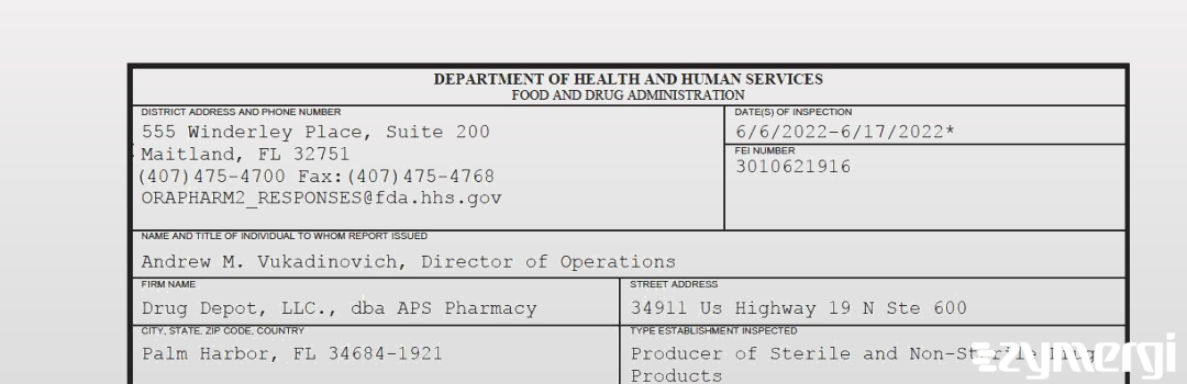 FDANews 483 Drug Depot, LLC., dba APS Pharmacy Jun 17 2022 top