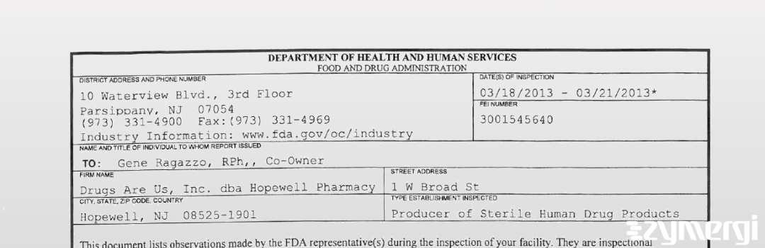 FDANews 483 Drugs Are Us, Inc., dba Hopewell Pharmacy Mar 21 2013 top