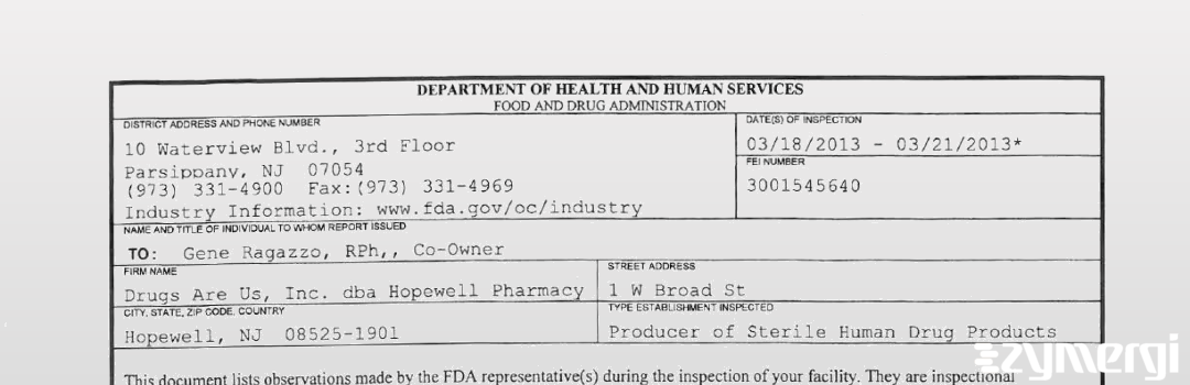 FDANews 483 Drugs Are Us, Inc., dba Hopewell Pharmacy Mar 21 2013 top