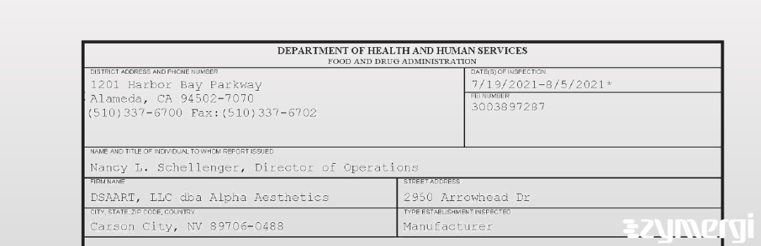 FDANews 483 DSAART, LLC dba Alpha Aesthetics Aug 5 2021 top