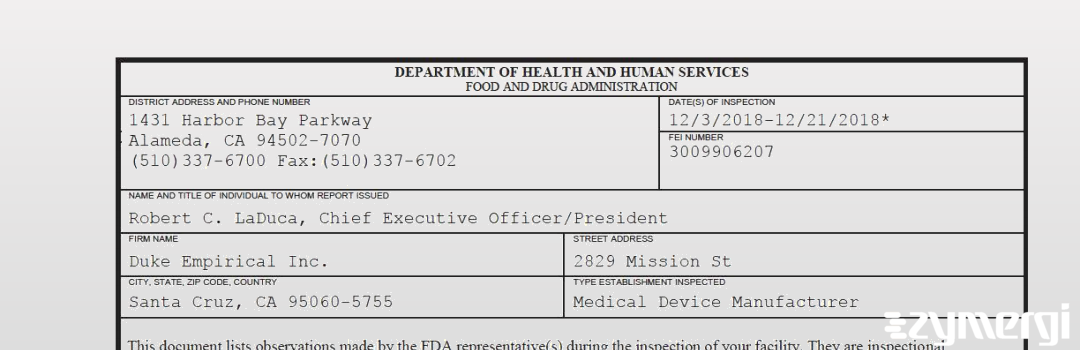 FDANews 483 Duke Empirical Inc. Dec 21 2018 top