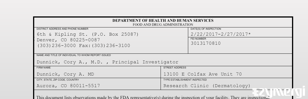 FDANews 483 Dunnick, Cory A. MD Feb 27 2017 top