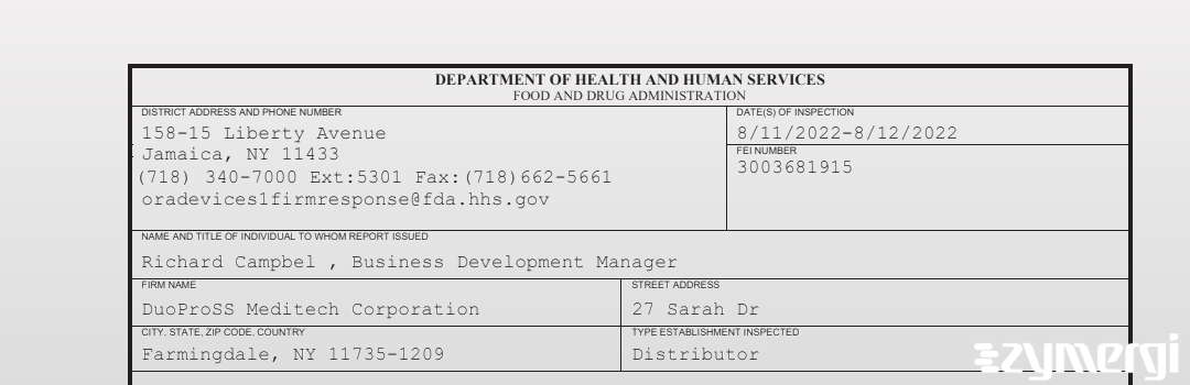 FDANews 483 DuoProSS Meditech Corporation Aug 12 2022 top