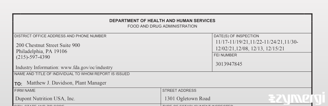 FDANews 483 DuPont Nutrition USA, Inc Dec 15 2021 top