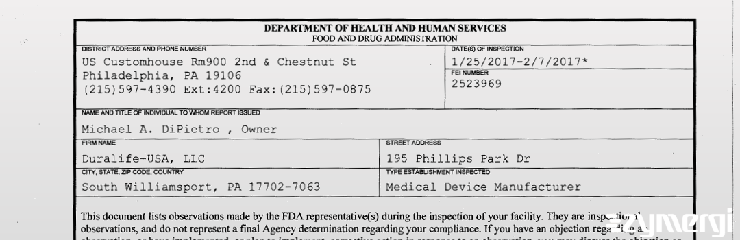 FDANews 483 Duralife-USA, LLC Feb 7 2017 top