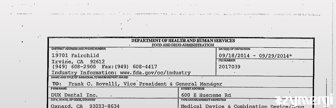 FDANews 483 DUX Dental Inc. Sep 29 2014 top