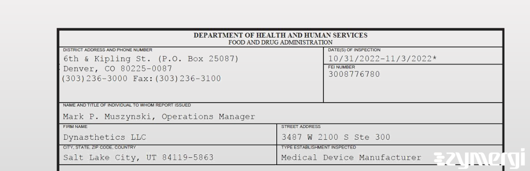 FDANews 483 Dynasthetics LLC Nov 3 2022 top