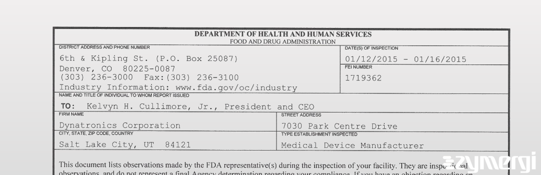 FDANews 483 Dynatronics Corporation Jan 16 2015 top