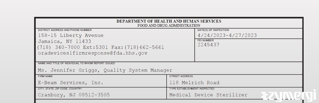 FDANews 483 E-Beam Services Inc Apr 27 2023 top