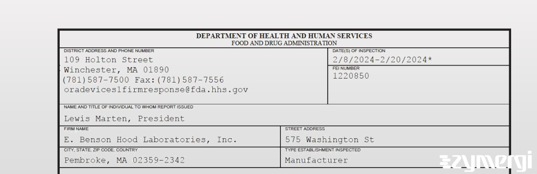 FDANews 483 E. Benson Hood Laboratories, Inc. Feb 20 2024 top