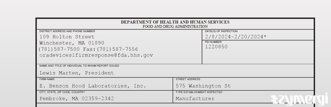 FDANews 483 E. Benson Hood Laboratories, Inc. Feb 20 2024 top