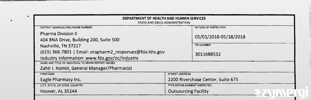 FDANews 483 Eagle Pharmacy, Inc. May 18 2018 top