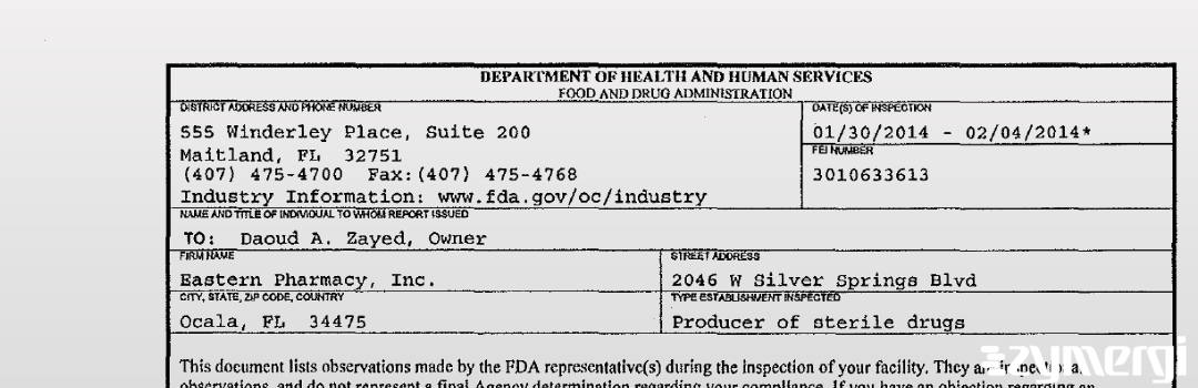 FDANews 483 Eastern Pharmacy, Inc. Feb 4 2014 top