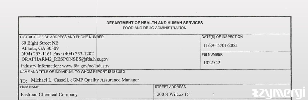 FDANews 483 Eastman Chemical Company Dec 1 2021 top