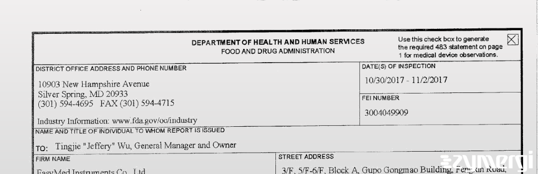 FDANews 483 Easymed Instrument Co., Ltd. Nov 2 2017 top