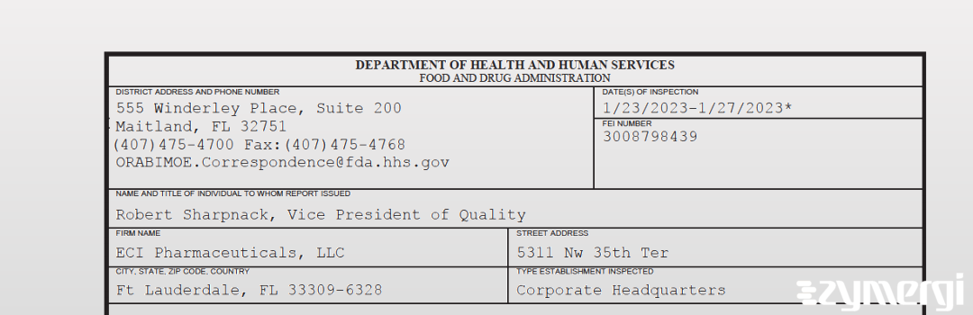 FDANews 483 ECI Pharmaceuticals, LLC Jan 27 2023 top