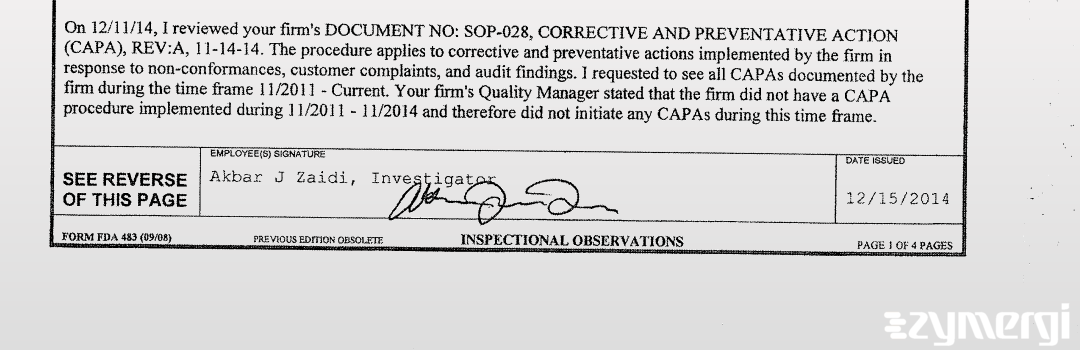 Akbar J. Zaidi FDA Investigator
