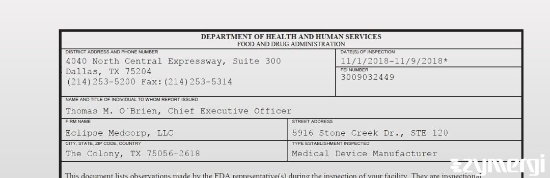 FDANews 483 Eclipse Medcorp, LLC Nov 9 2018 top