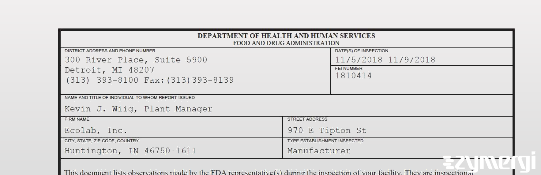 FDANews 483 Ecolab, Inc. Nov 9 2018 top