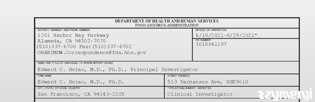 FDANews 483 Edward C. Hsiao, M.D., Ph.D. Jun 29 2021 top