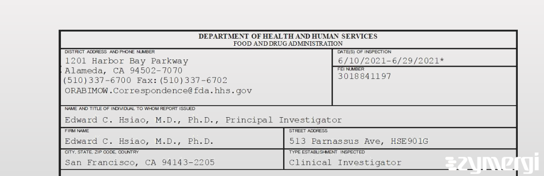 FDANews 483 Edward C. Hsiao, M.D., Ph.D. Jun 29 2021 top