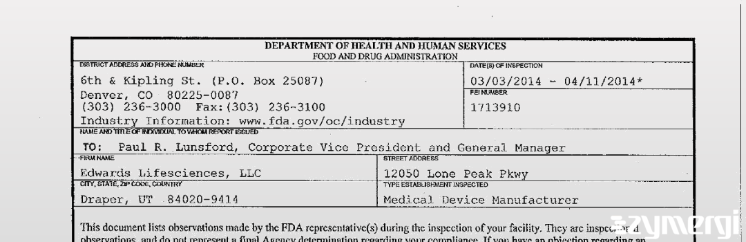 FDANews 483 Edwards Lifesciences, LLC Apr 11 2014 top