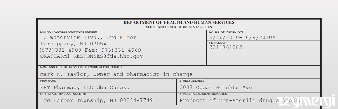 FDANews 483 EHT Pharmacy LLC dba Curexa Oct 9 2020 top