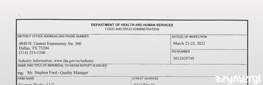 FDANews 483 EINSTEIN WORKS, LLC Mar 23 2022 top