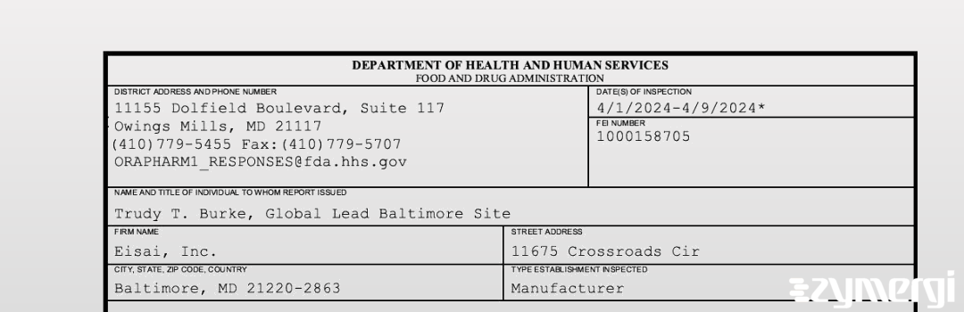 FDANews 483 Eisai, Inc. Apr 9 2024 top