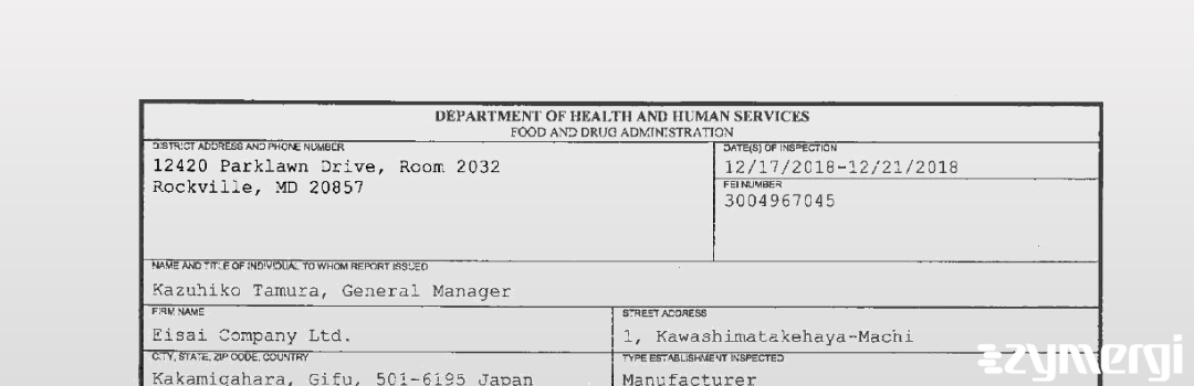 FDANews 483 Eisai Company Ltd. Dec 21 2018 top